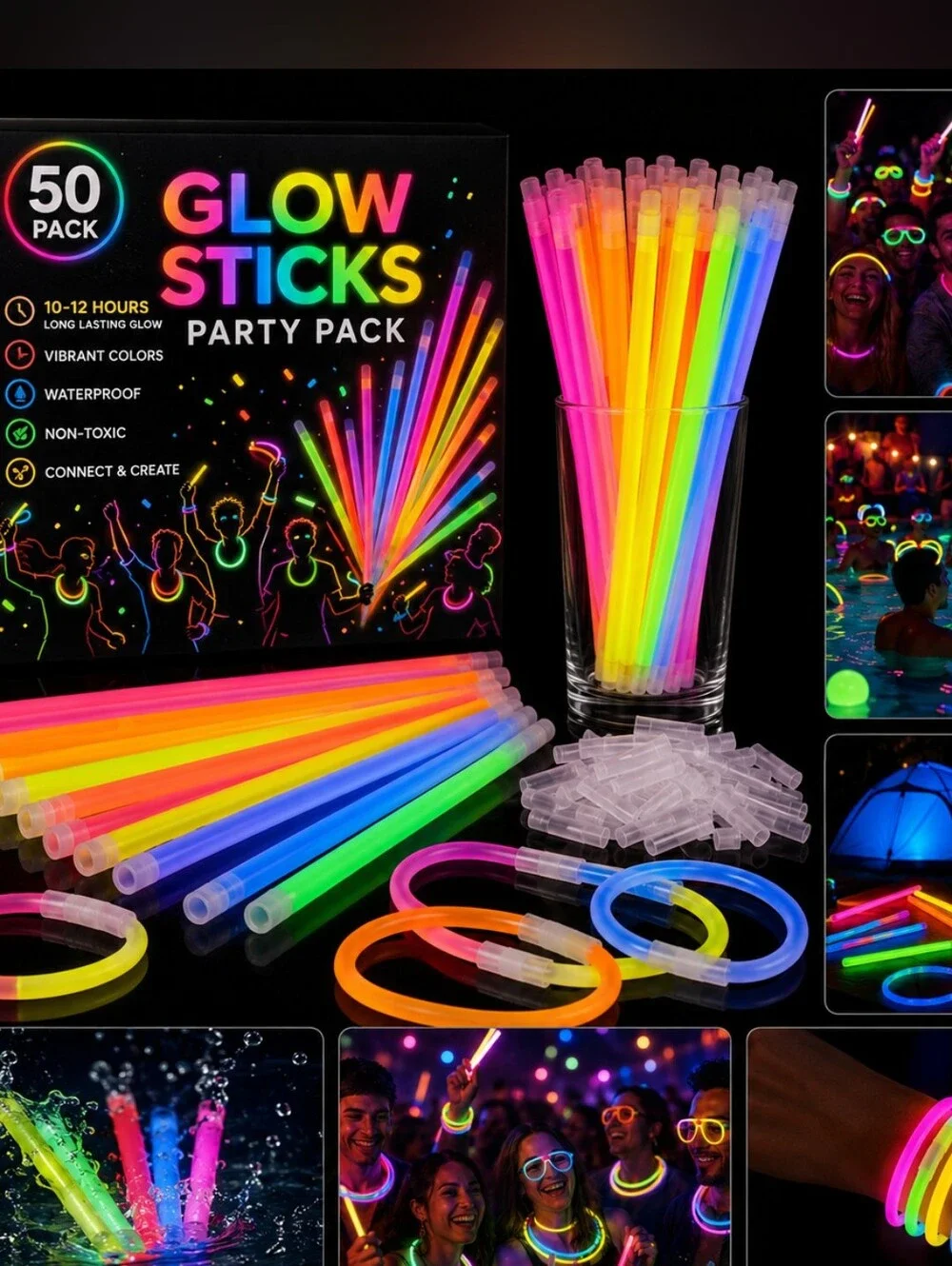 NWT 50pcs Glow Sticks Bulk Party Pack 8